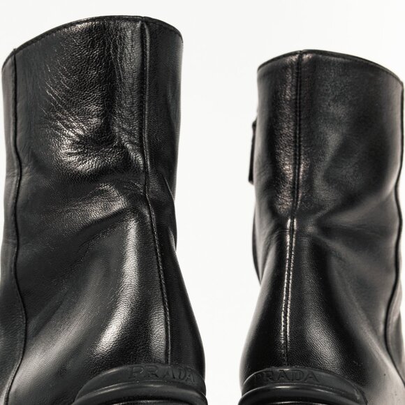 Prada Black Leather Almond-Toe Ankle Boots - Picture 8 of 10